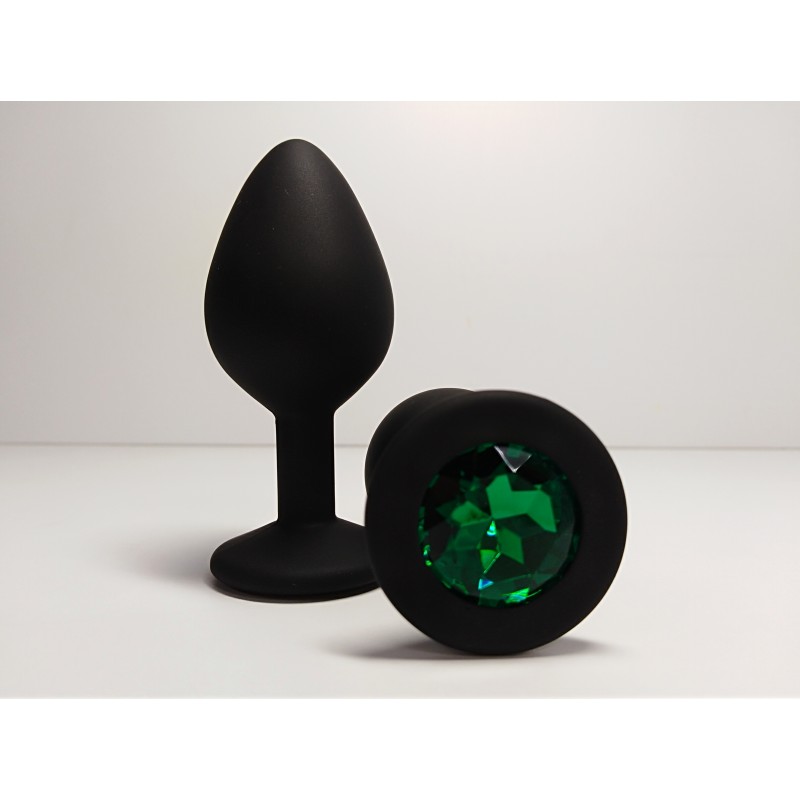 Силиконовая анальная пробка L черная с зеленым камушком